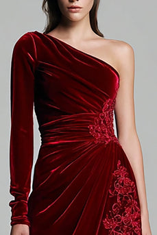Burgundy Sheath One Shoulder Ruched Long Sleeves Velvet Holiday Party Dress with Slit