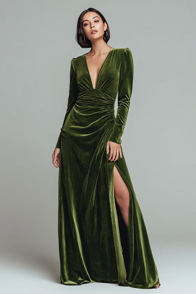Olive Velvet Sheath Ruched V-Neck Long Sleeves Holiday Party Dress with Slit
