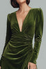 Load image into Gallery viewer, Olive Velvet Sheath Ruched V-Neck Long Sleeves Holiday Party Dress with Slit