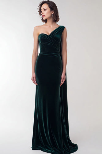Dark Green Mermaid One Shoulder Velvet Long Holiday Party Dress