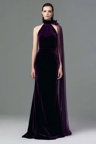 Plum Velvet High Neck Mermaid Long Holiday Party Dress with Side Cape