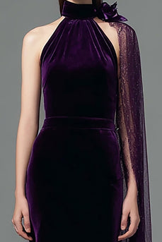 Plum Velvet High Neck Mermaid Long Holiday Party Dress with Side Cape