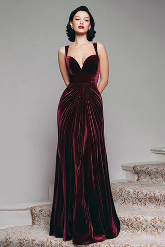 Burgundy Mermaid Velvet Thick Straps Ruched Long Holiday Party Dress