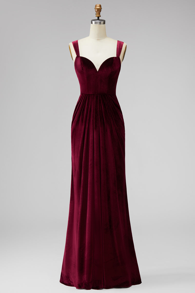 Load image into Gallery viewer, Burgundy Mermaid Velvet Thick Straps Ruched Long Holiday Party Dress