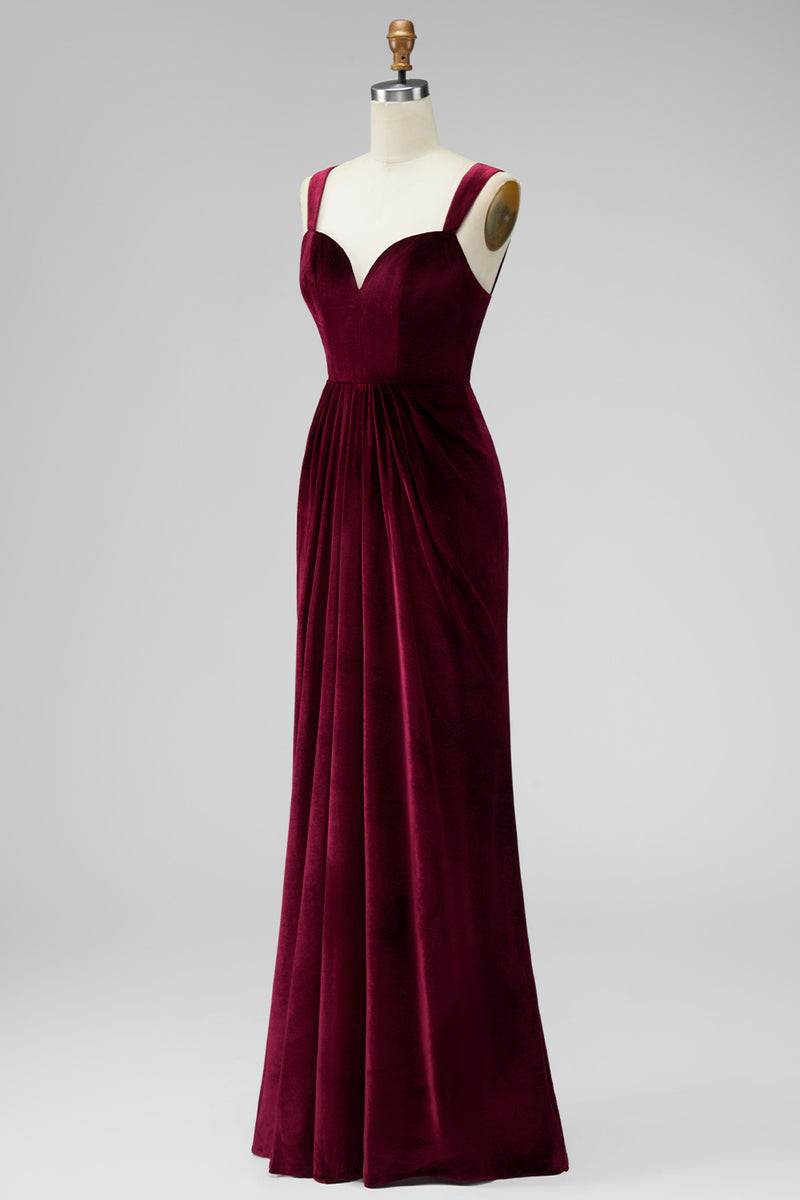 Load image into Gallery viewer, Burgundy Mermaid Velvet Thick Straps Ruched Long Holiday Party Dress