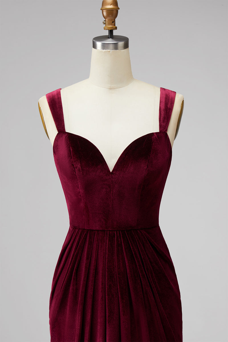 Load image into Gallery viewer, Burgundy Mermaid Velvet Thick Straps Ruched Long Holiday Party Dress