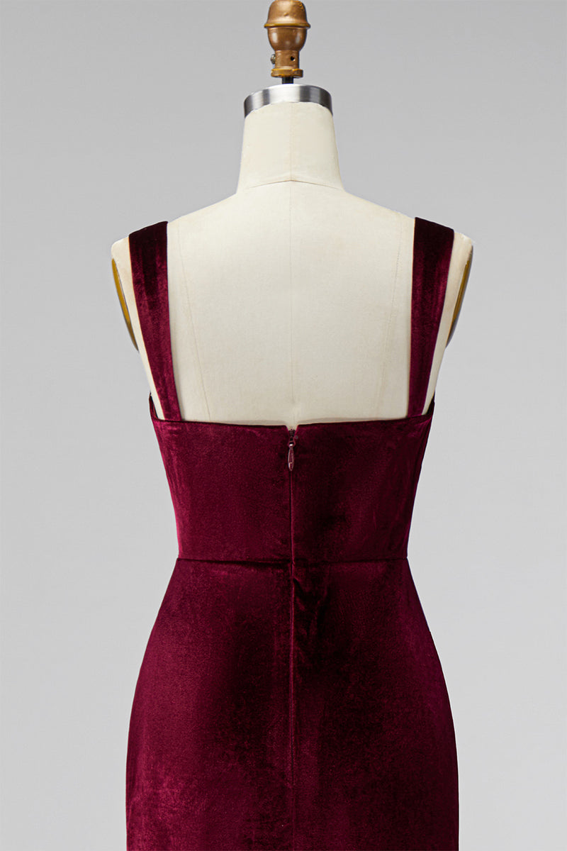 Load image into Gallery viewer, Burgundy Mermaid Velvet Thick Straps Ruched Long Holiday Party Dress