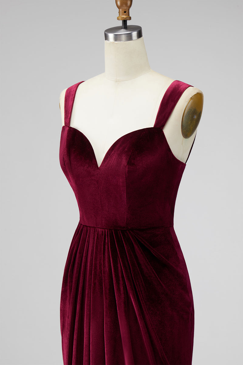 Load image into Gallery viewer, Burgundy Mermaid Velvet Thick Straps Ruched Long Holiday Party Dress
