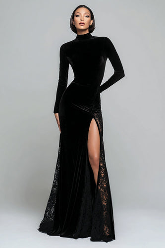 Black Mermaid Velvet High Neck Long Sleeves Holiday Party Dress with Slit