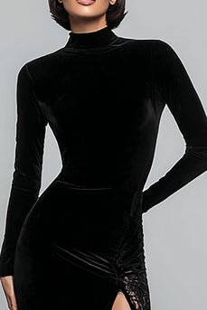 Black Mermaid Velvet High Neck Long Sleeves Holiday Party Dress with Slit