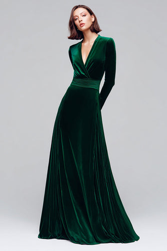 Dark Green A Line V-Neck Velvet Long Sleeves Holiday Party Dress