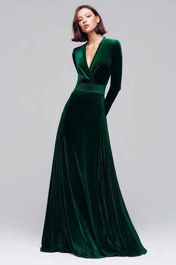 Dark Green A Line V-Neck Velvet Long Sleeves Holiday Party Dress