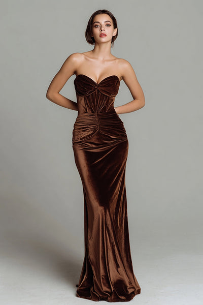 Brown Mermaid Velvet Strapless Long Corset Holiday Party Dress