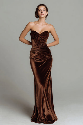 Brown Mermaid Velvet Strapless Long Corset Holiday Party Dress