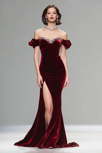 Sparkly Burgundy Mermaid Velvet Long Holiday Party Dress with Beading