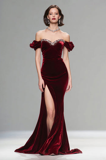 Sparkly Burgundy Mermaid Velvet Long Holiday Party Dress with Beading