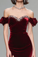 Load image into Gallery viewer, Sparkly Burgundy Mermaid Velvet Long Holiday Party Dress with Beading