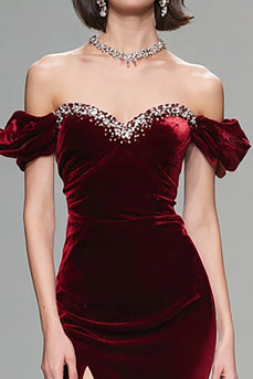 Sparkly Burgundy Mermaid Velvet Long Holiday Party Dress with Beading