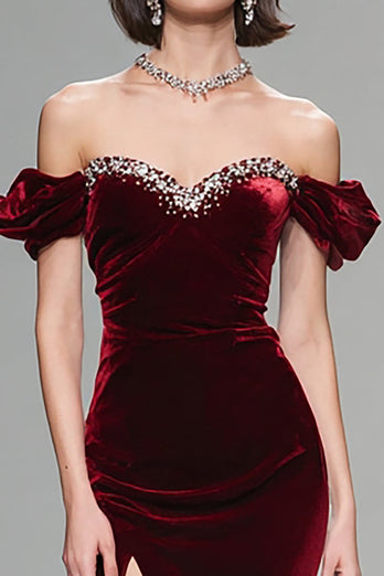 Sparkly Burgundy Mermaid Velvet Long Holiday Party Dress with Beading