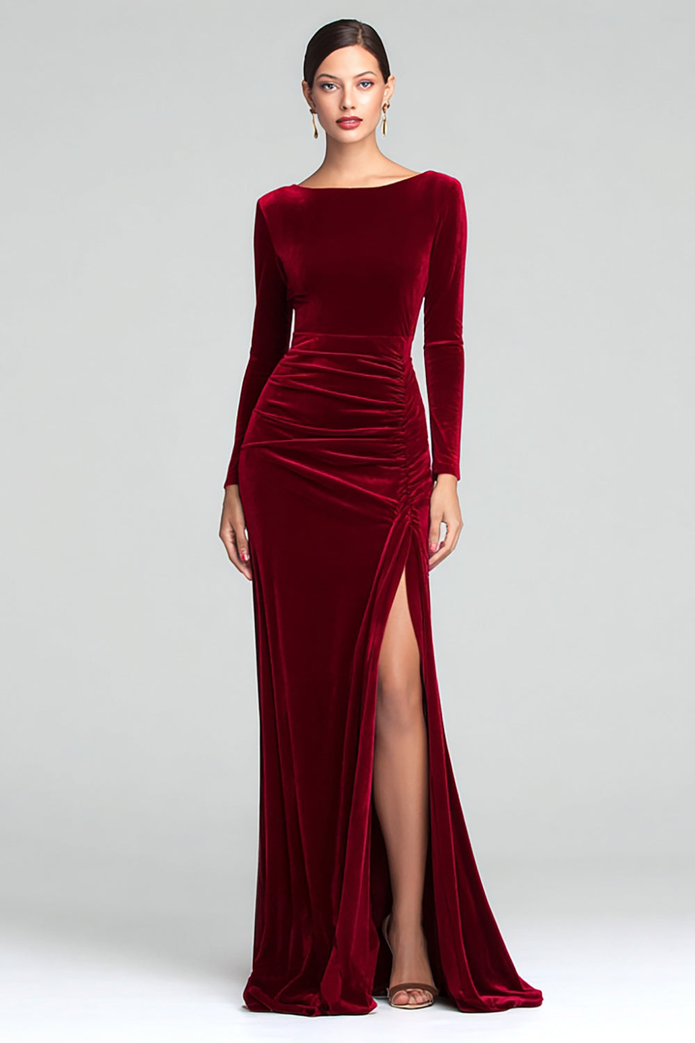 Burgundy Boat Neck Ruched Velvet Long Sleeves Holiday Party Dress