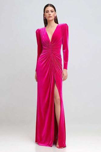 Fuchsia Ruched Sheath Velvet Long Sleeves Holiday Party Dress with Slit
