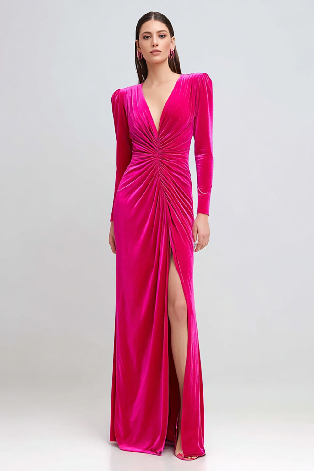 Fuchsia Ruched Sheath Velvet Long Sleeves Holiday Party Dress with Slit