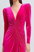 Load image into Gallery viewer, Fuchsia Ruched Sheath Velvet Long Sleeves Holiday Party Dress with Slit