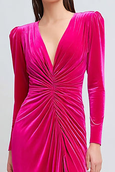 Fuchsia Ruched Sheath Velvet Long Sleeves Holiday Party Dress with Slit