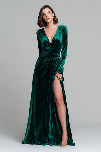 Dark Green A Line V-Neck Velvet Long Sleeves Holiday Party Dress with Slit