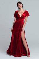 Load image into Gallery viewer, Red A Line V-Neck Short Sleeves Velvet Long Holiday Party Dress with Slit