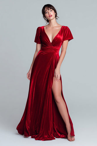 Red A Line V-Neck Short Sleeves Velvet Long Holiday Party Dress with Slit