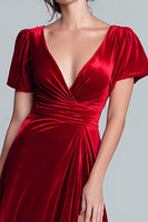 Load image into Gallery viewer, Red A Line V-Neck Short Sleeves Velvet Long Holiday Party Dress with Slit
