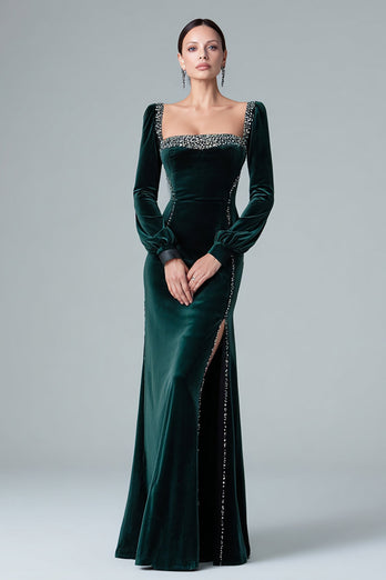 Sparkly Dark Green Velvet Long Sleeves Mermaid Holiday Party Dress with Slit