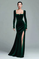 Load image into Gallery viewer, Dark Green Square Neck Velvet Long Holiday Party Dress with Slit