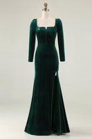 Load image into Gallery viewer, Dark Green Square Neck Velvet Long Holiday Party Dress with Slit