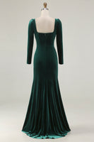 Load image into Gallery viewer, Dark Green Square Neck Velvet Long Holiday Party Dress with Slit