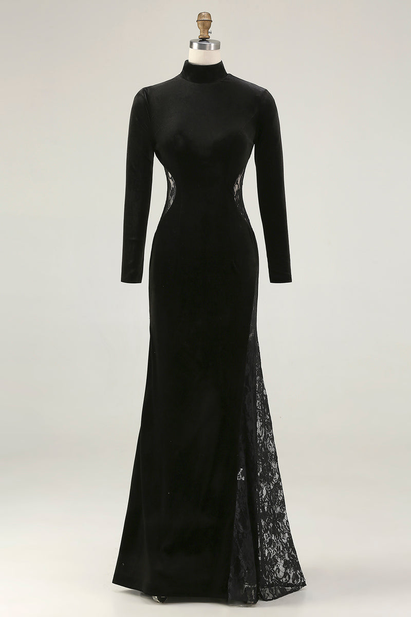 Load image into Gallery viewer, Black Velvet Mermaid High Neck Maxi Formal Dress with Lace