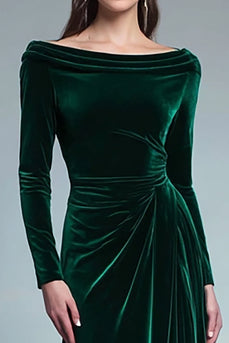 Dark Green Bateau Neck Velvet Long Formal Dress with Sleeves