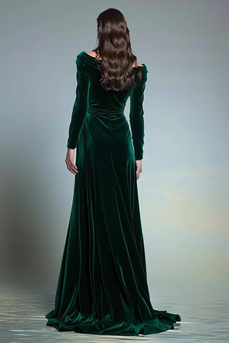 Dark Green Bateau Neck Velvet Long Formal Dress with Sleeves