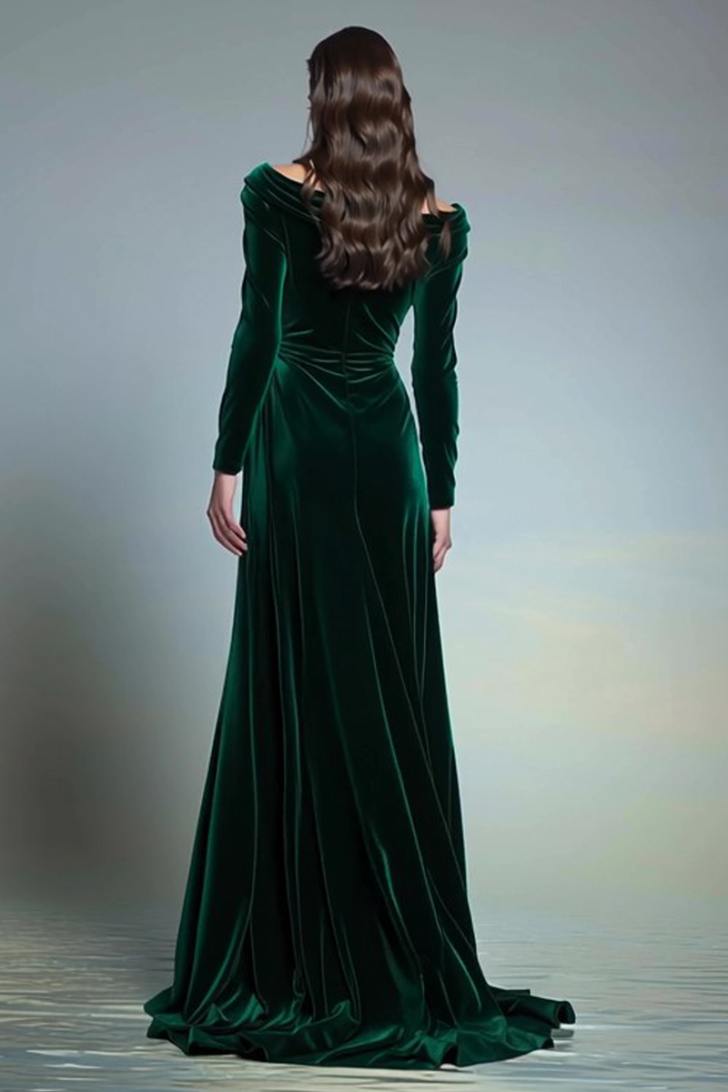 Load image into Gallery viewer, Dark Green Bateau Neck Velvet Long Formal Dress with Sleeves