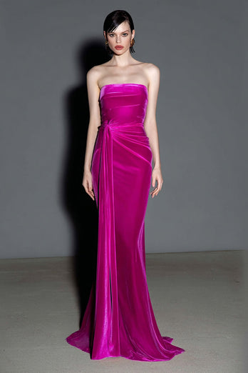 Fuchsia Velvet Strapless Mermaid Maxi Evening Dress