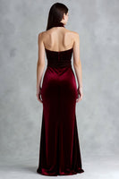Load image into Gallery viewer, Burgundy High Neck Keyhole Velvet Long Formal Dress