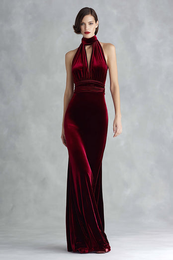 Burgundy High Neck Keyhole Velvet Long Formal Dress