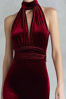 Load image into Gallery viewer, Burgundy High Neck Keyhole Velvet Long Formal Dress