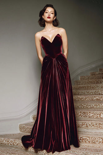Burgundy Velvet A Line Sweetheart Long Formal Dress