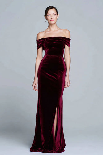 Burgundy Velvet Long Off the Shoulder Formal Dress with Slit
