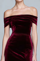 Load image into Gallery viewer, Burgundy Velvet Long Off the Shoulder Formal Dress with Slit