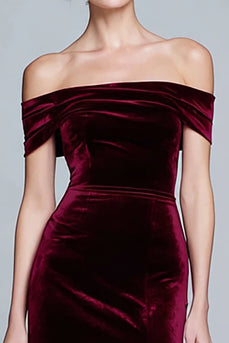 Burgundy Velvet Long Off the Shoulder Formal Dress with Slit
