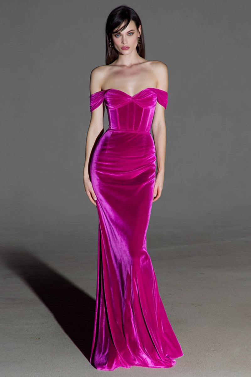 Load image into Gallery viewer, Fuchsia Mermaid Corset Maxi Velvet Evening Dress