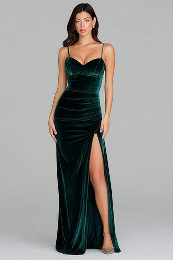 Dark Green Long Spaghetti Straps Velvet Formal Dress with Slit